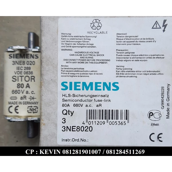 Siemens 3NE8020 Fuse Link SITOR 80A 660VAC